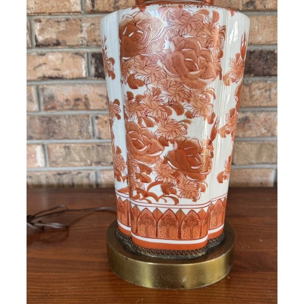 Vintage Kutani Style Porcelain Table Lamp Red‎ Floral Chinoiserie Asian Decor